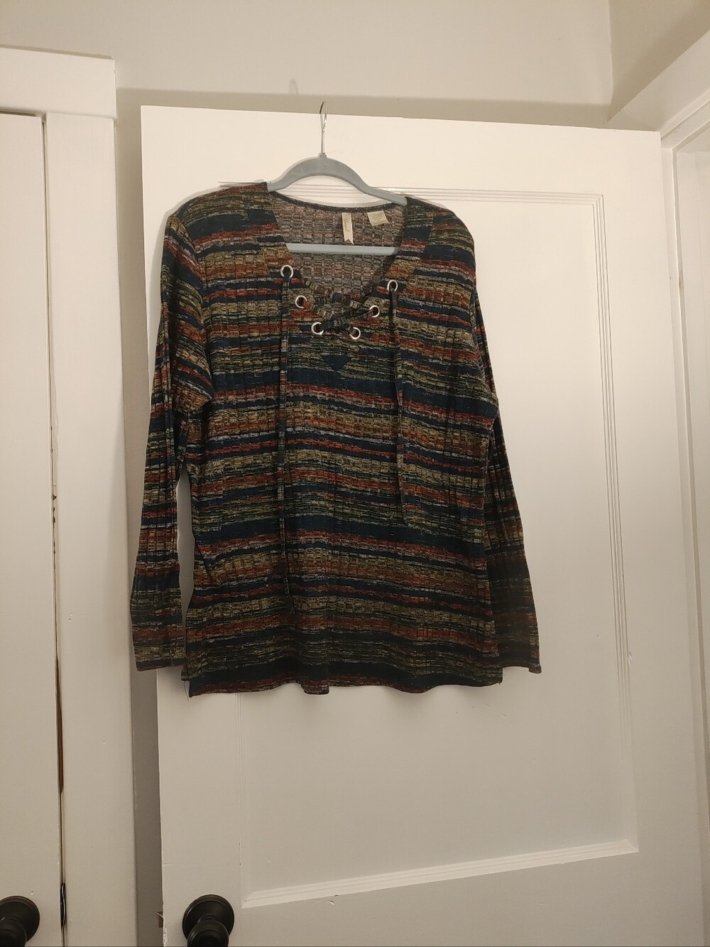 Chenault XXL Multicolor Space Dye Stripe Lace Up Sweater Top Boho Fall